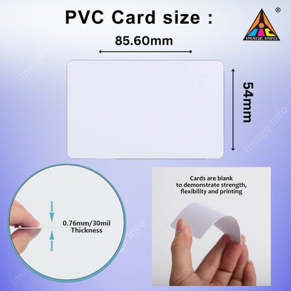 PVC card size measurement chart with dimensions and thickness details on a light purple background.