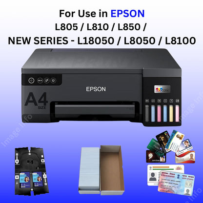 Epson printer with ink cartridges and printed documents on a blue background