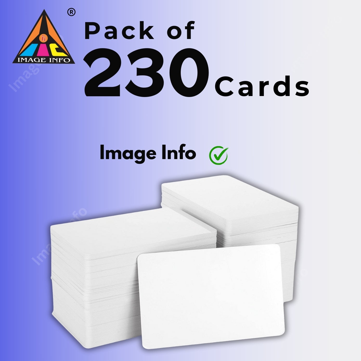 Pack of 230 white cards with 'Image Info' branding on a gradient background