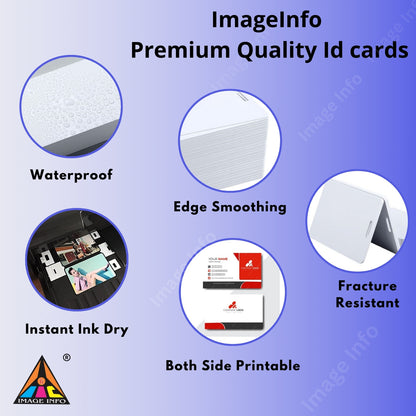 Advertisement for Image Info premium quality ID cards with features highlighted on a blue background.
