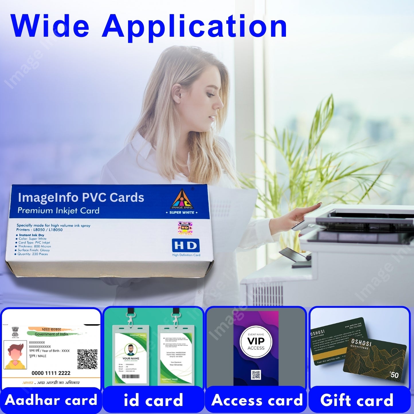 ImagelInfo PVC Cards packaging with a woman using a printer, and examples of cards printed on it.