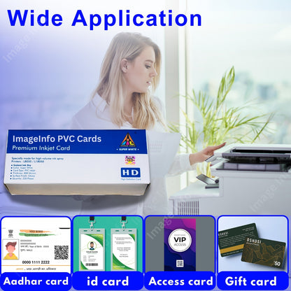 ImagelInfo PVC Cards packaging with a woman using a printer, and examples of cards printed on it.