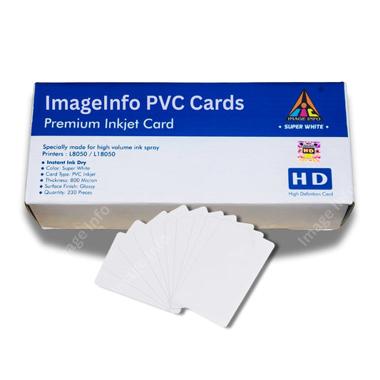 Box of ImagelInfo PVC Cards with cards in front on a white background