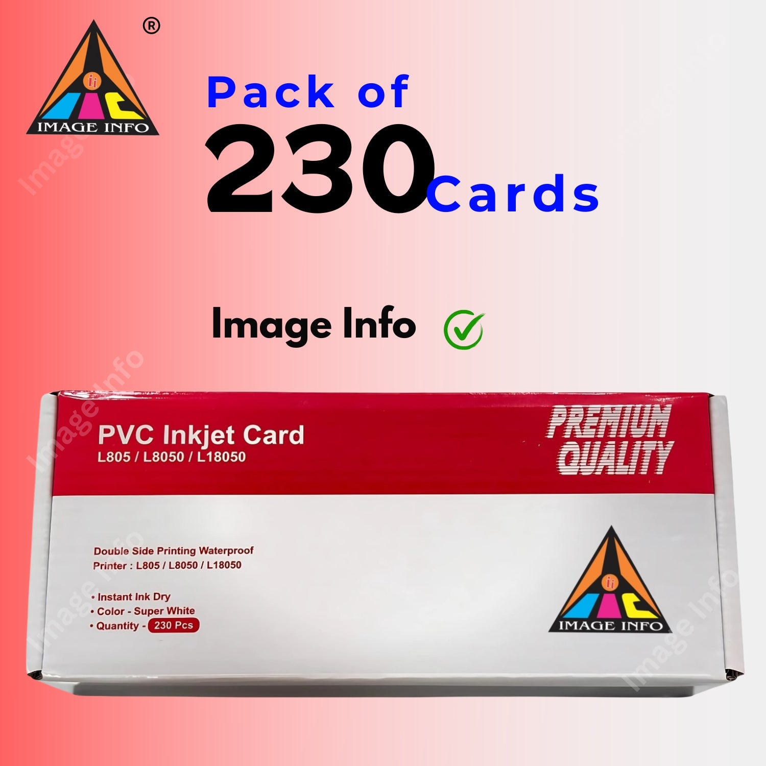 Box of Image Info PVC Inkjet Cards with text indicating 230 cards included on a gradient background.