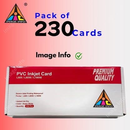 Box of Image Info PVC Inkjet Cards with text indicating 230 cards included on a gradient background.
