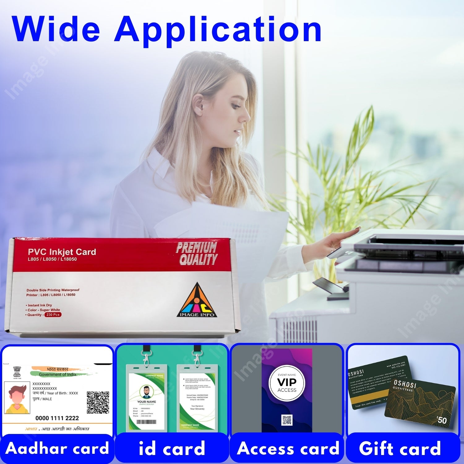 Woman using a printer with a box labeled 'PVC Inkjet Card' and examples of cards printed on it.