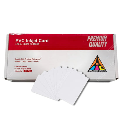 Box of PVC Inkjet Cards with cards in front on a white background