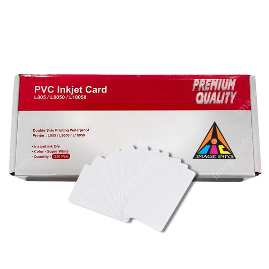 Box of PVC Inkjet Cards with cards in front on a white background