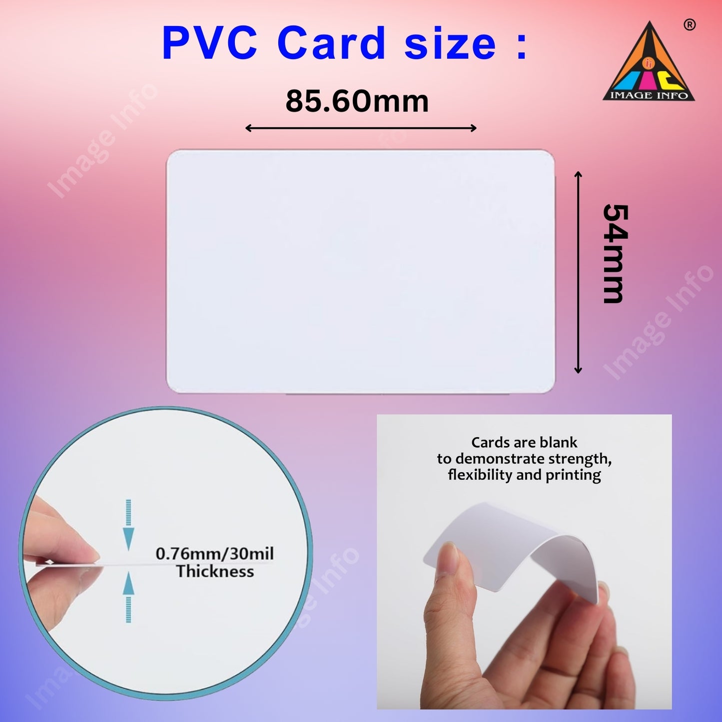 PVC card size measurement chart with dimensions and thickness details on a gradient background.