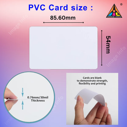 PVC card size measurement chart with dimensions and thickness details on a gradient background.