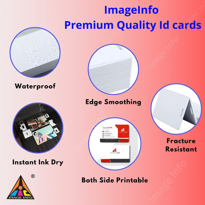 Advertisement for ImagelInfo premium quality ID cards with features highlighted.