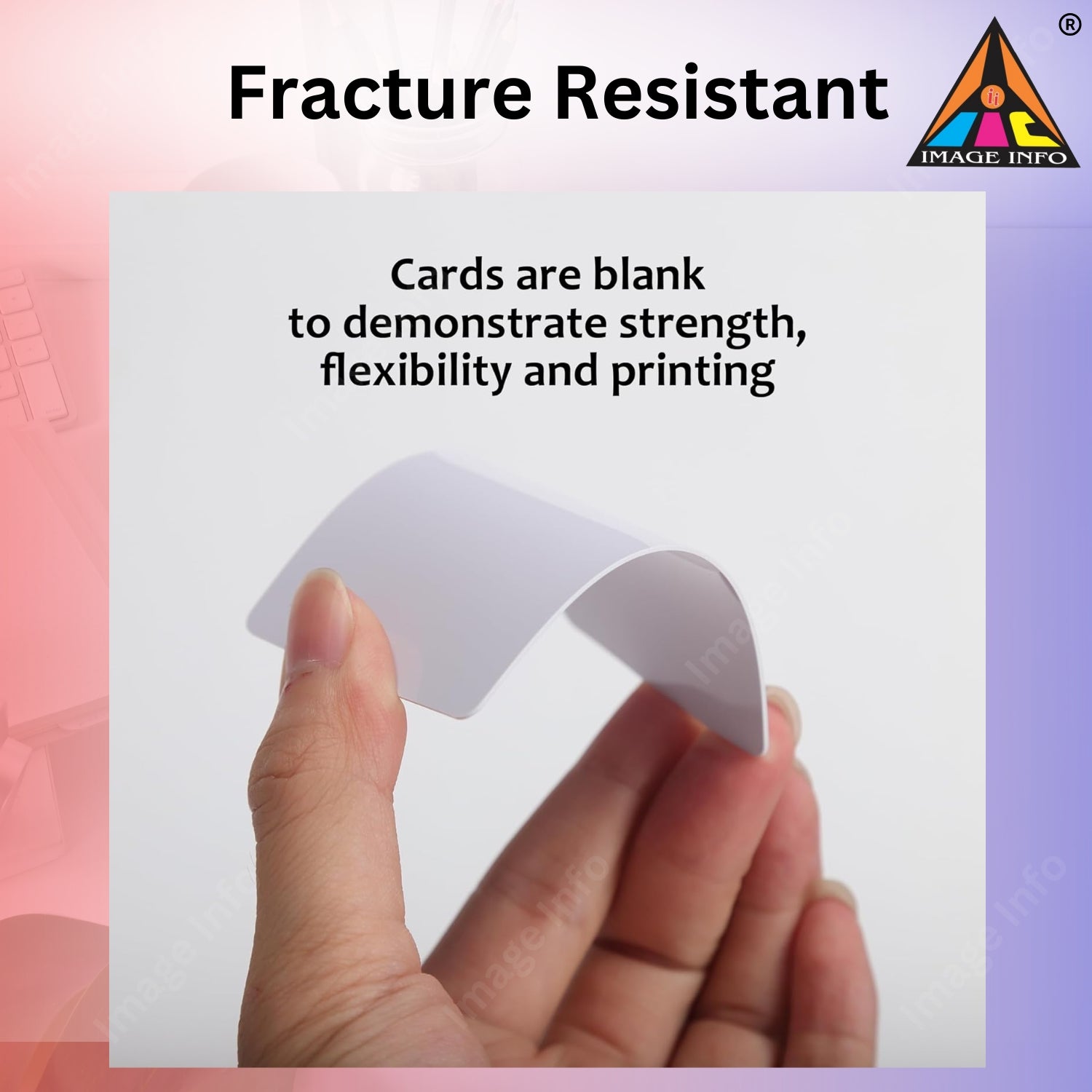 Card held by a hand with text about fracture resistance and card properties.