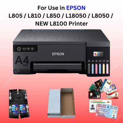 Epson printer with ink cartridges and printed ID cards on a gradient background